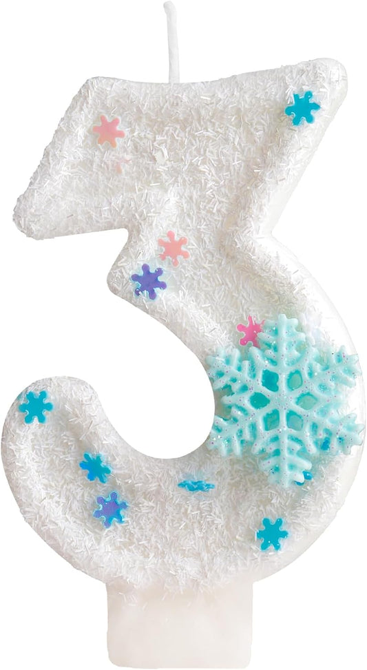 White Frozen Snow Themed Birthday Candles,White Snow Snowflake Number 3rd Birthday Candle for Party Supplies,Winter Frozen Birthday Party Number 3 Cake Topper Decorations