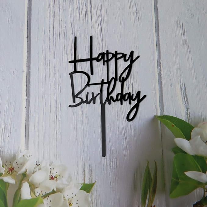 Happy Birthday Cake Topper for Birthday Party Decorations (Black Acrylic)