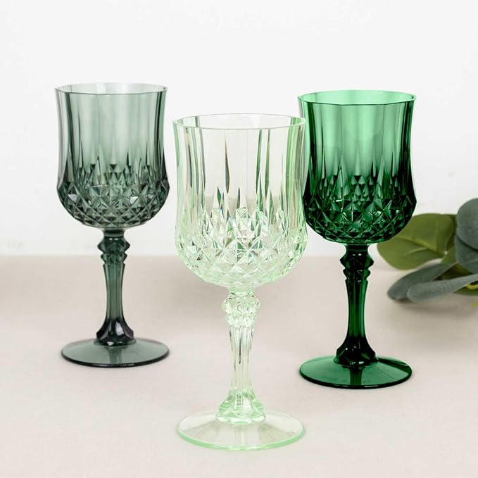 Efavormart 12 Pack Assorted Green Crystal Cut Reusable Plastic Wine Glasses, Shatterproof Cocktail Goblets 8oz