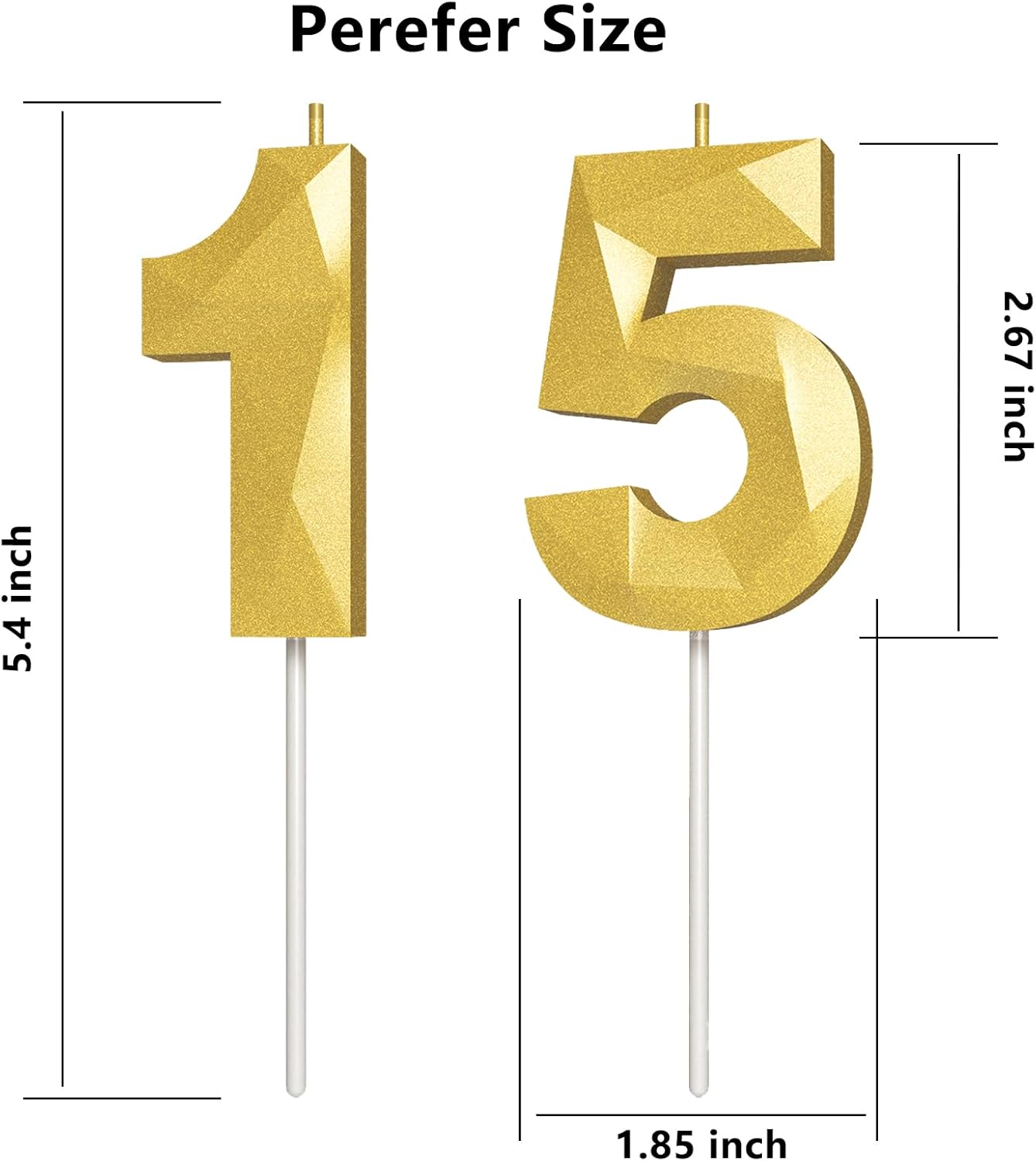 Number Birthday Candles(15 Candle Gold) 3D Diamond Shape Number Happy Birthday Cake Candles for Birthday Party Wedding Decoration Reunions Theme Party