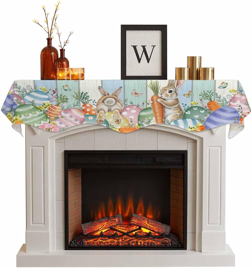 Easter Fireplace Mantel Scarf Table Runner, Spring Rabbit Eucalyptus Leaves Eggs Wooden Winter Garland Mantel Top Tablerunners Dresser Scarves Cover Decorations for Windows Party Living Room 70''x17''