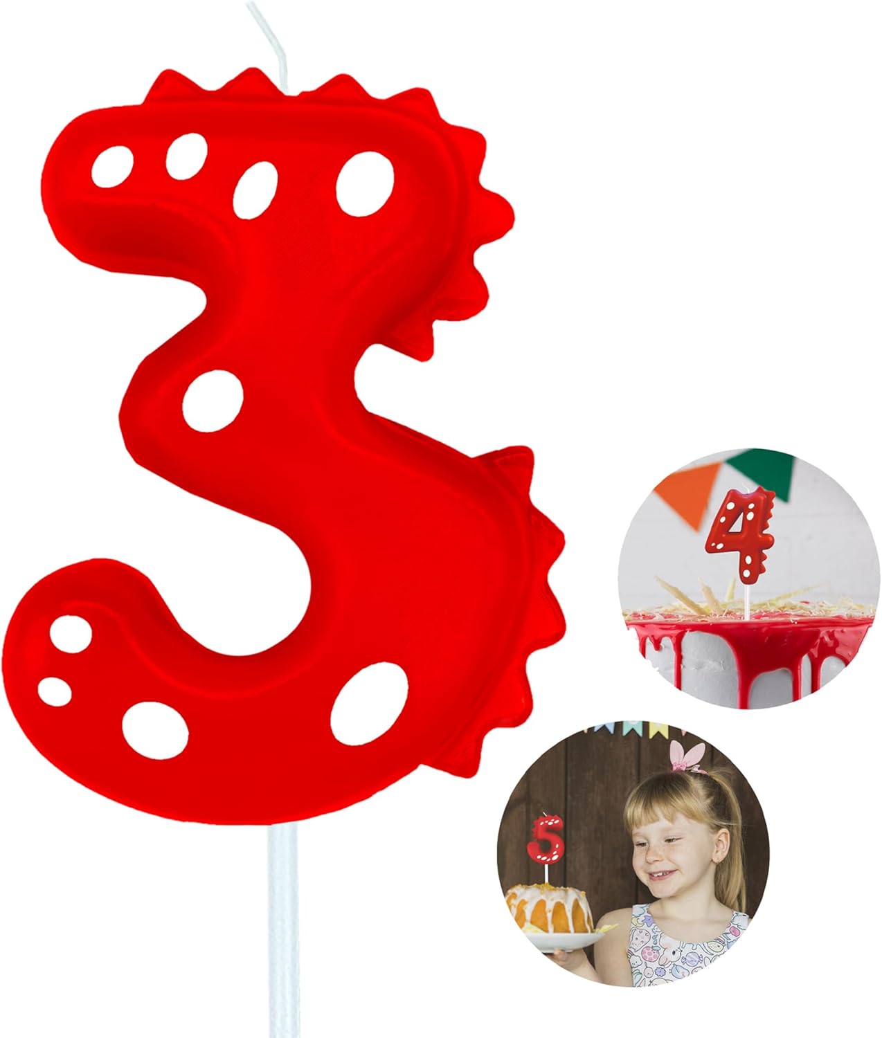 Number Birthday Candles(3 Candle Red) Dinosaur Shape Number Happy Birthday Cake Candles for Dinosaur Birthday Party Decoration Reunions Theme Party