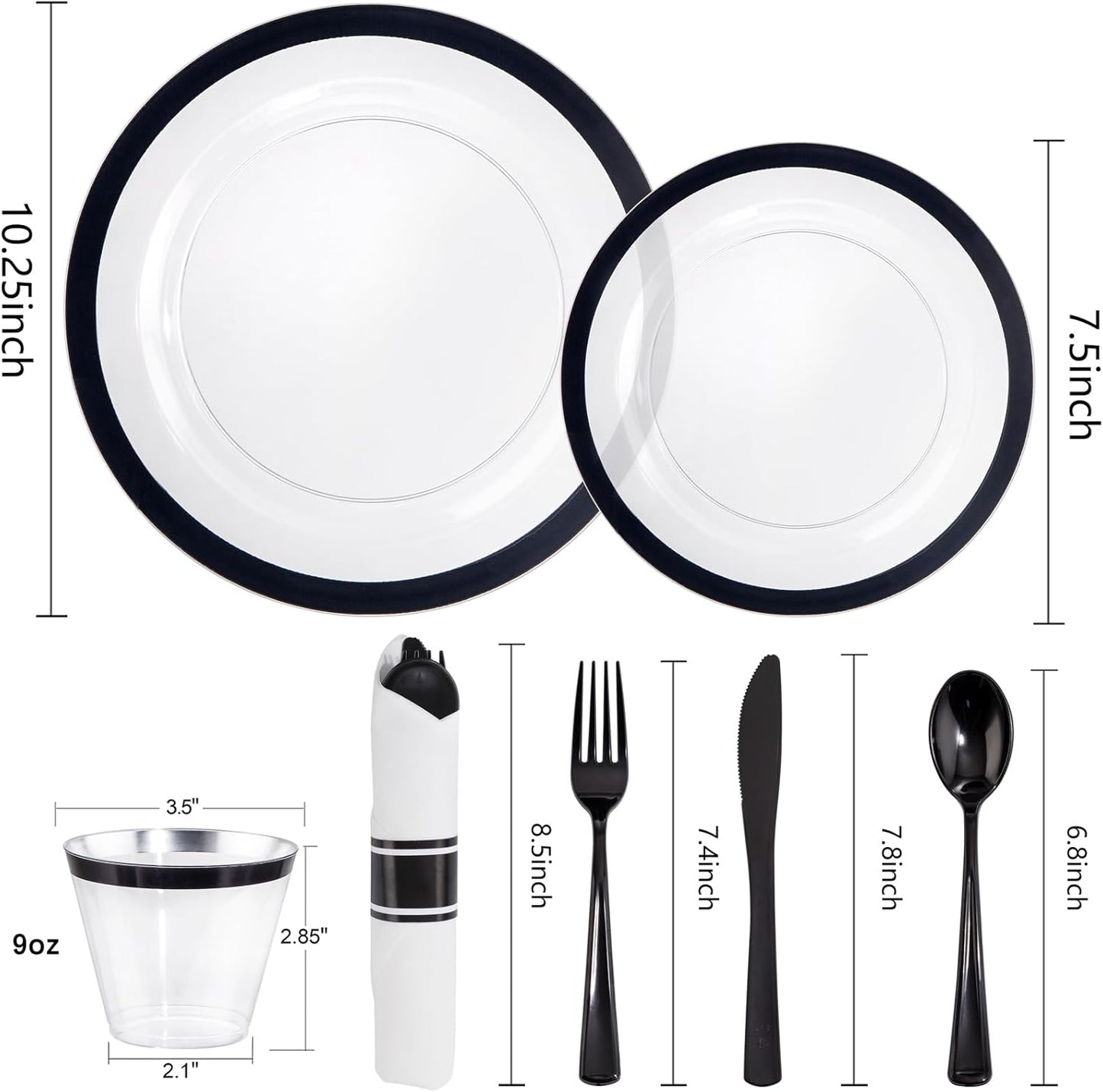 I00000 210 Pcs Clear and Black Plastic Plates, Halloween Disposable Dinnerware Set, Include 30 Dinner 30 Dessert Plates,30 Plastic Cups 9 OZ,30 Pre Rolled Napkins with Cutlery for Halloween Party
