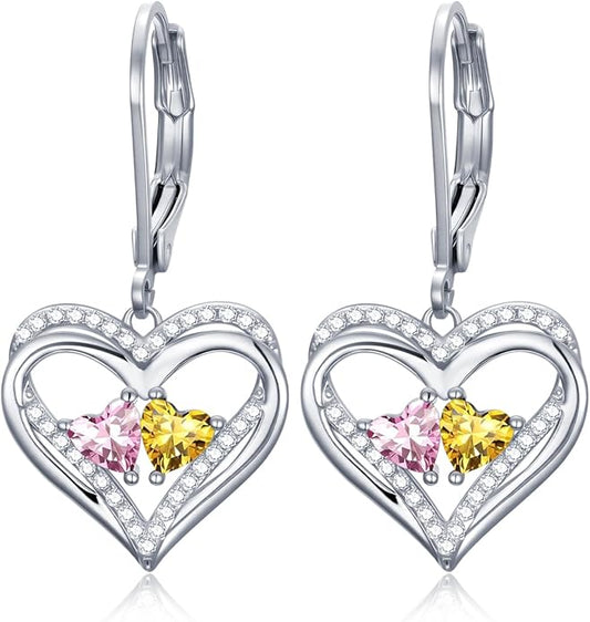 Valentines Day Gifts for Women, Heart Leverback Earrings Double Birthstone Dangle Earrings for Women, Love Jewelry for Her, Anniversary Birthday Gift for Mom Wife Girlfriend