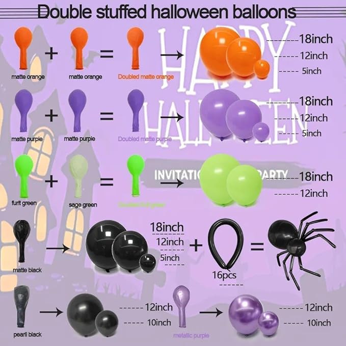Black Purple Balloon Arch Double Stuffed Latex Orange Green Metallic Purple Black Balloon Garland for Halloween Thanksgiving Wednesday Birthday Vampire Retirement Prom Decor