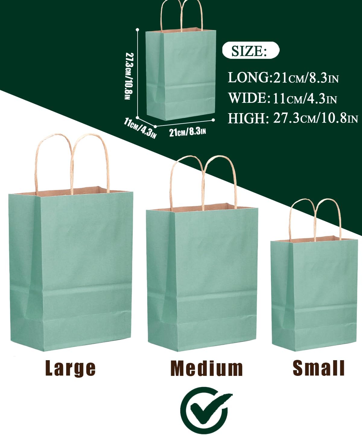 qiqee 100PCS Gift Bag with Handles Bulk Kraft Light Blue Paper Bags Multiple Uses (11"x5"x8"inch Medium Size)
