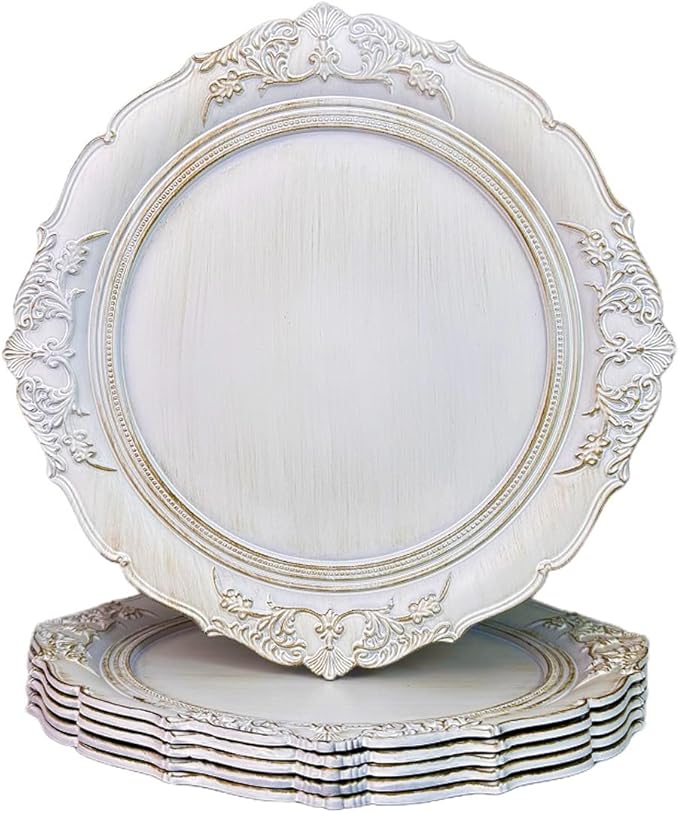 Antique White Charger Plates, 13 Inch Embossed Chargers for Dinner Plates. Plastic Charger for Wedding, Party. (Set of 6)
