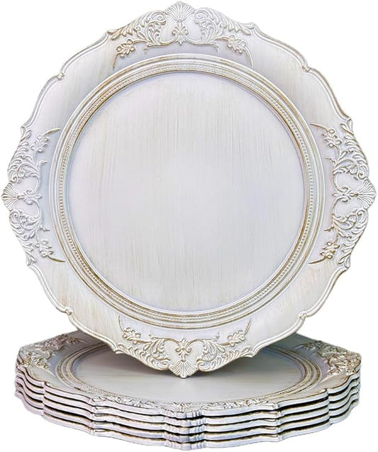 Antique White Charger Plates, 13 Inch Embossed Chargers for Dinner Plates. Plastic Charger for Wedding, Party. (Set of 6)