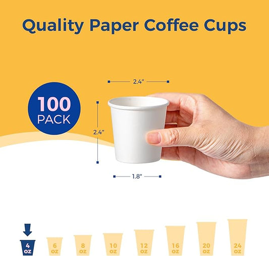 Fit Meal Prep [100 Pack 4 oz Disposable White Paper Cups - On the Go Hot and Cold Beverage All-Purpose Sampling Portion Cup for Coffee, Espresso, Cortado, Water, Tea and Juice, Food Grade Safe