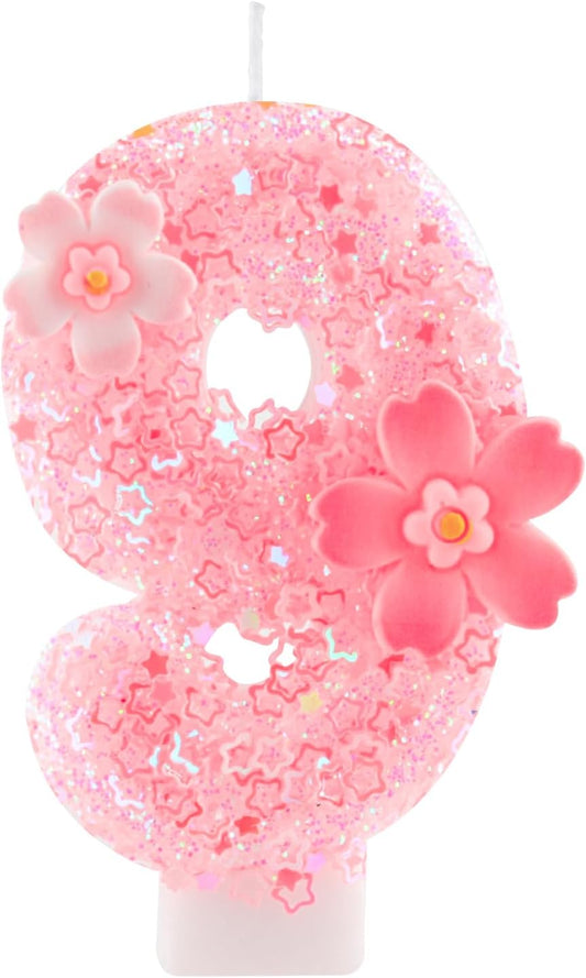 Cherry Blossom Pink Number 9 Birthday Candle, 2.8in Cute Shiny Happy 9th Birthday Candle with Tray & Stick Girls 9 Candle for 9 Birthday Ideal Birthday Parties Cake Decoration & Gifts
