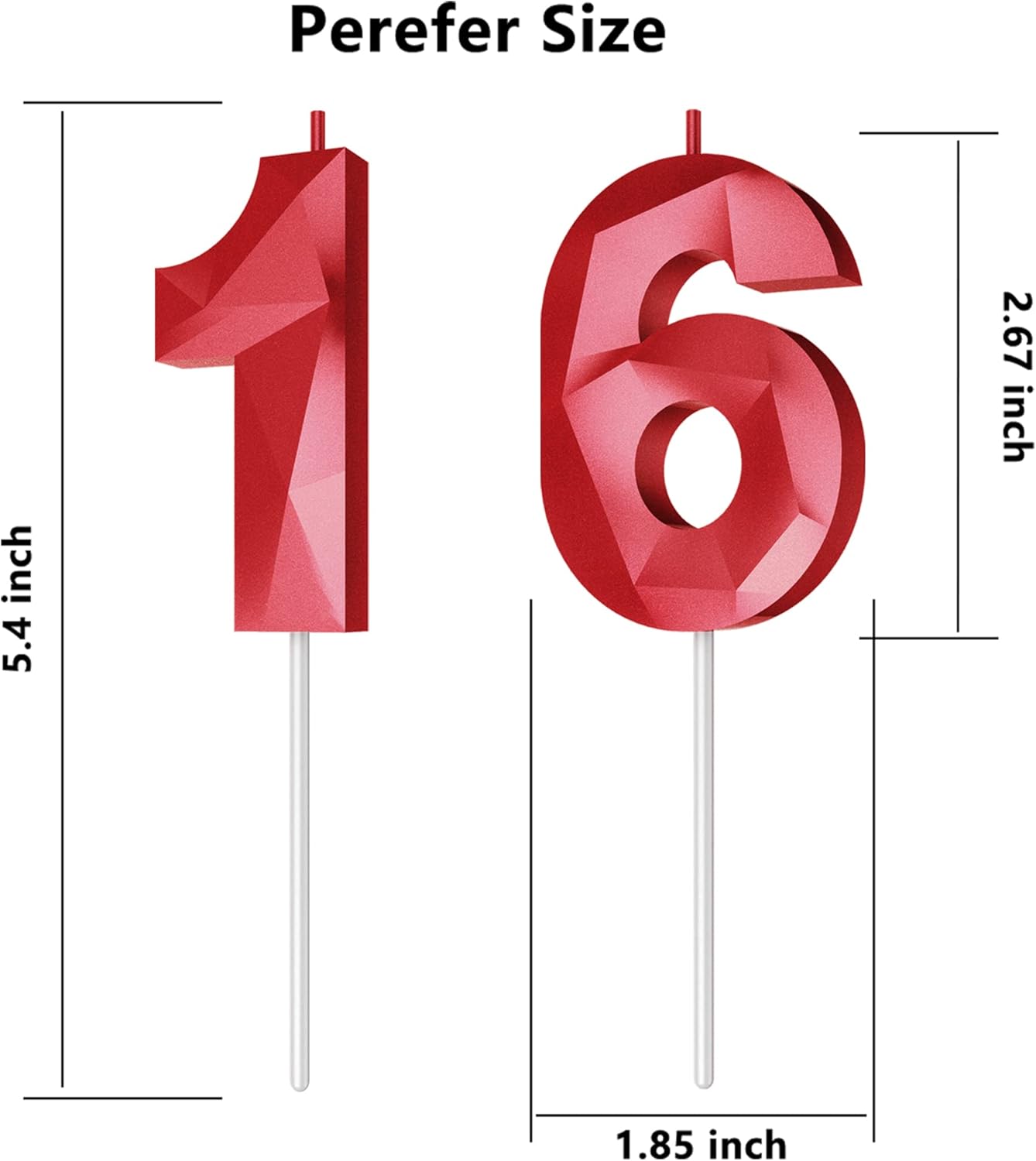 Number Birthday Candles(16 Candle Red) 3D Diamond Shape Number Happy Birthday Cake Candles for Birthday Party Wedding Decoration Reunions Theme Party