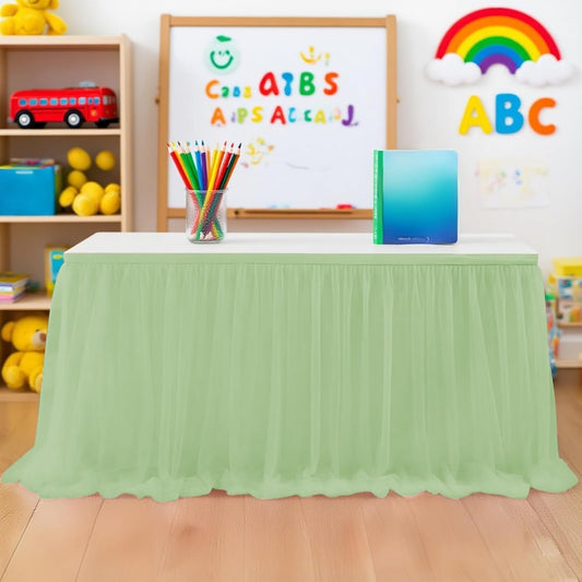 6FT Tulle Table Skirt for Teacher Desk Rectangular Ruffle Table Back to School Supplies for Kindergarten Preschool Middle School Classroom Decor, Sage Green