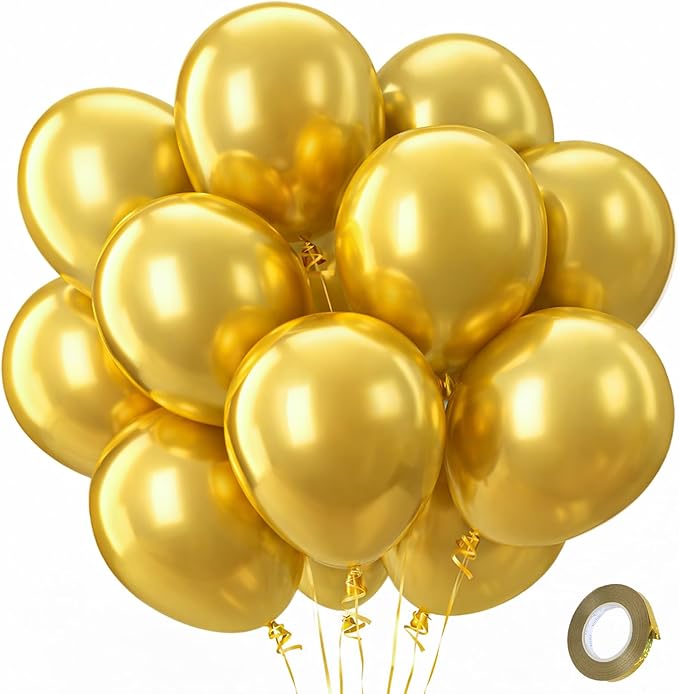 Gold Metallic Chrome Latex Balloons 100 Pack 12 Inch Gold Round Balloons for Baby Shower Wedding Valentines Day Anniversary Graduation Golden Birthday Bridal Shower Retirement Casino Party Decorations