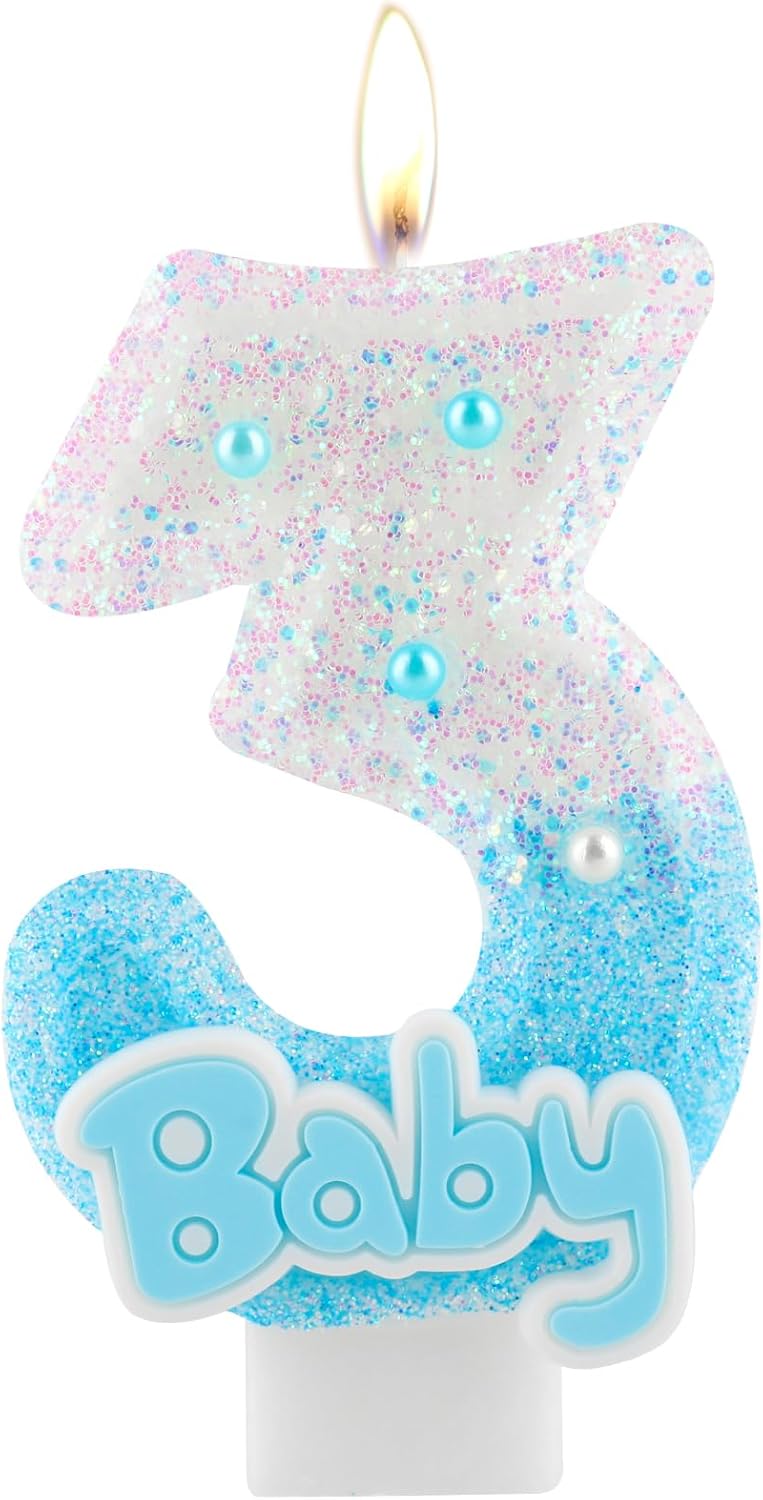 Blue Baby Number 3 Birthday Candle, 2.8in Cute Shiny 1st Happy Birthday Candle with Tray & Stick Boys Girls 3 Candle for 3rd Birthday Ideal Birthday Parties Cake Decoration & Gifts