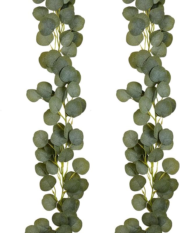 2 Pack Artificial Eucalyptus Garland Faux Silk Leaf Silver Dollar Eucalyptus Leaves Vines Handmade Garland Greenery Wedding Backdrop Indoor Outdoor Arch Wall and Party Home Decoration