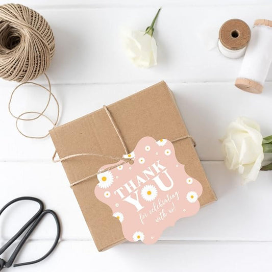 Andaz Press Fancy Frame Kids Party Favor Thank You Tags with String - 48-Pack Daisy Birthday Gift Tags for Favor Bags, Goody Bags, Gift Box, Girls, Baby Shower 1st Birthday Party Favors