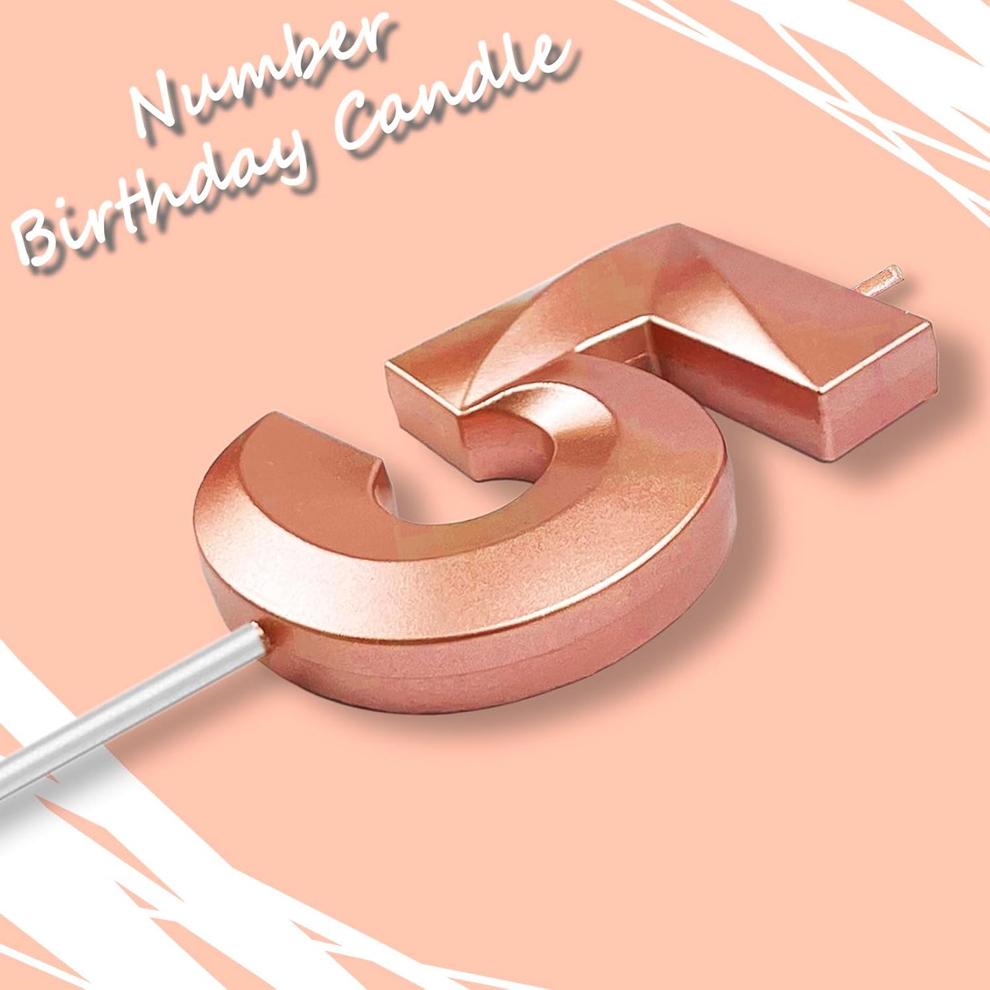 Rose Gold Number 5 Candles, 3D Diamond 2.76 Inch Cake Topper Birthday Candles for Wedding Anniversary Cake Decorations, Happy Birthday Party Decorations