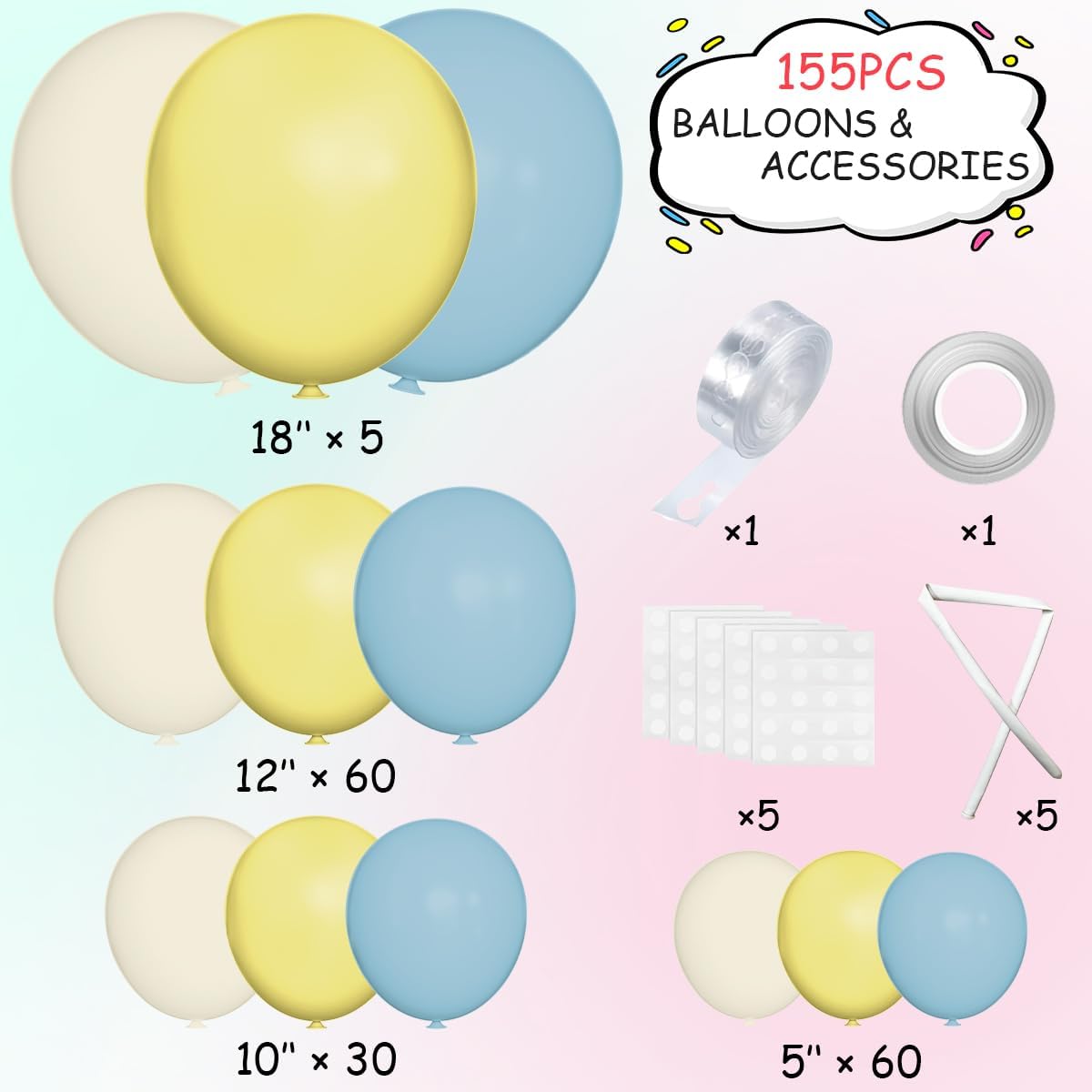 Blue Yellow White Balloon Garland Arch Kit, 155Pcs Latex Balloons Different Size 18 12 10 5 inch for Birthday Baby Shower Wedding Anniversary Party