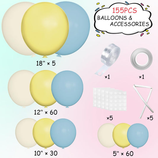 Blue Yellow White Balloon Garland Arch Kit, 155Pcs Latex Balloons Different Size 18 12 10 5 inch for Birthday Baby Shower Wedding Anniversary Party