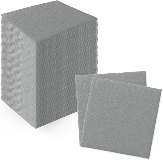 PAW - 100-Pack Disposable Linen-Feel Cocktail Napkins 4" x 4", Gray Premium Paper Napkins for Parties, Elegant Cloth-Like Beverage Napkins For Bars, Restaurants, Made in Europe
