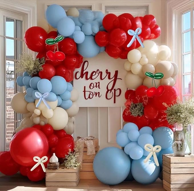 Red Blue Cherry Balloon Arch Kit Double Stuffed, Ruby Red Dusty Light Blue White Sand Ivory Balloon Garland with Long Latex Balloons for Cherry on Top Birthday Valentines Baby Shower Party Decor