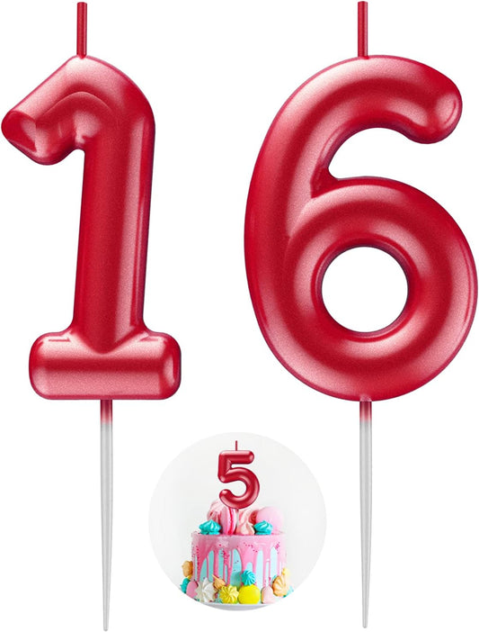 Red Number 16 Candle Happy Birthday 3D Number Candles for Birthday Cake Party Decoration Wedding Anniversary Celebration Supplies