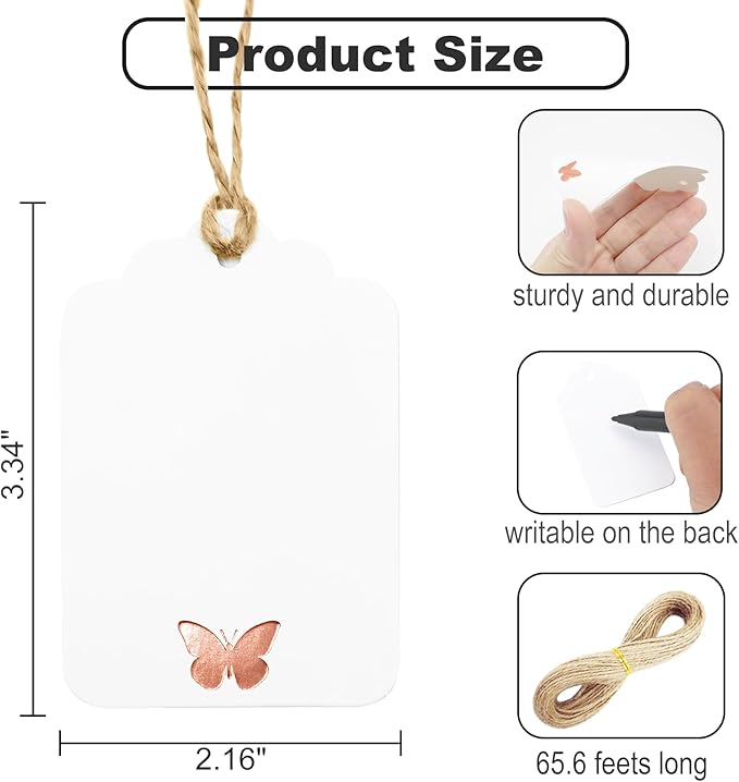ASYEHJNR 100Pcs Blank Gift Tags with String, Foil Rose Gold Butterfly Large Gift Tags with 65 Ft Jute Twine Cute Tags White Paper Gift Tag for Birthday Baby Shower Wedding Spring Summer Gift Wrap Tag