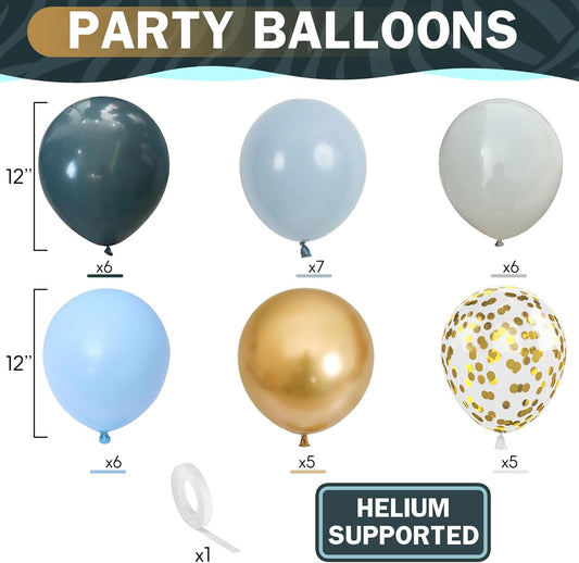 Dusty Blue Balloons 12 Inch Pastel Fog Blue Slate White Sand Metallic Gold Confetti Party Balloons Light Baby Blue White Gold Latex Balloon for Boy Baby Shower Birthday Wedding Party Decoration