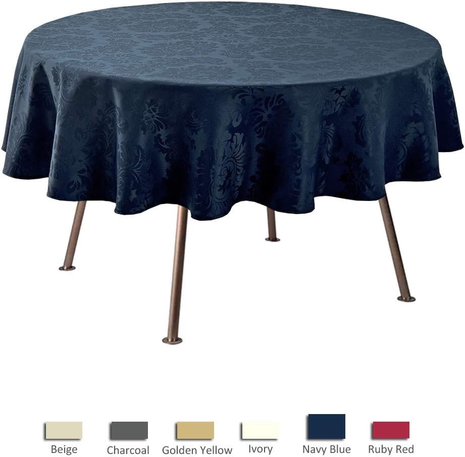 maxmill Jacquard Round Table Cloth Damask Design Waterproof Antiwrinkle Heavy Weight Soft Tablecloths for Circular Table Cover and Kitchen Dinning Tabletop Round 70 Inch Navy Blue