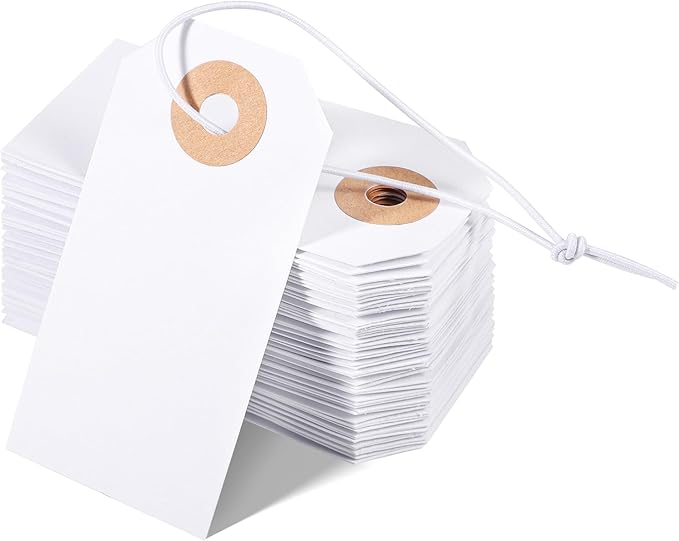 Prudiut 100 Pack Gift Tags with Elastic String White Price Tags Marking Hang Tag Attached Reinforced Hole Writable for Valentine's Day Gifts Inventory Tag 2.75'' x1.37''