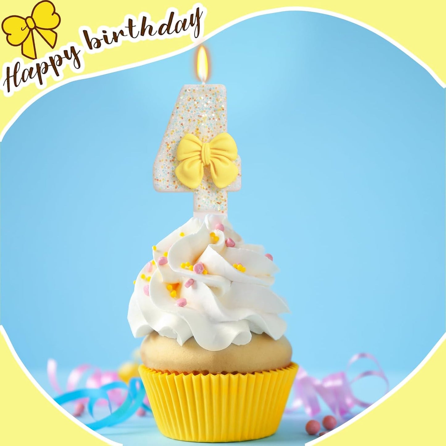 Birthday Candle for Cake, Yellow Bow Cake Candles, Cake Topper Decoration for Birthday Party (Number 4)