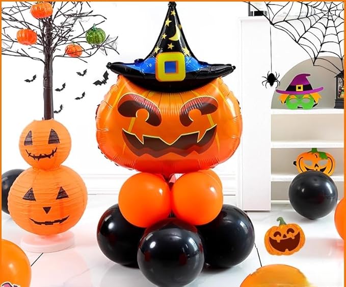 10pcs 12inch Black Orange Latex Balloons Party Theme Halloween Balloons Decor for Baby Shower Wedding Anniversary Halloween Baby Birthday Party Decorations (Pumpkin with Moon Hat)