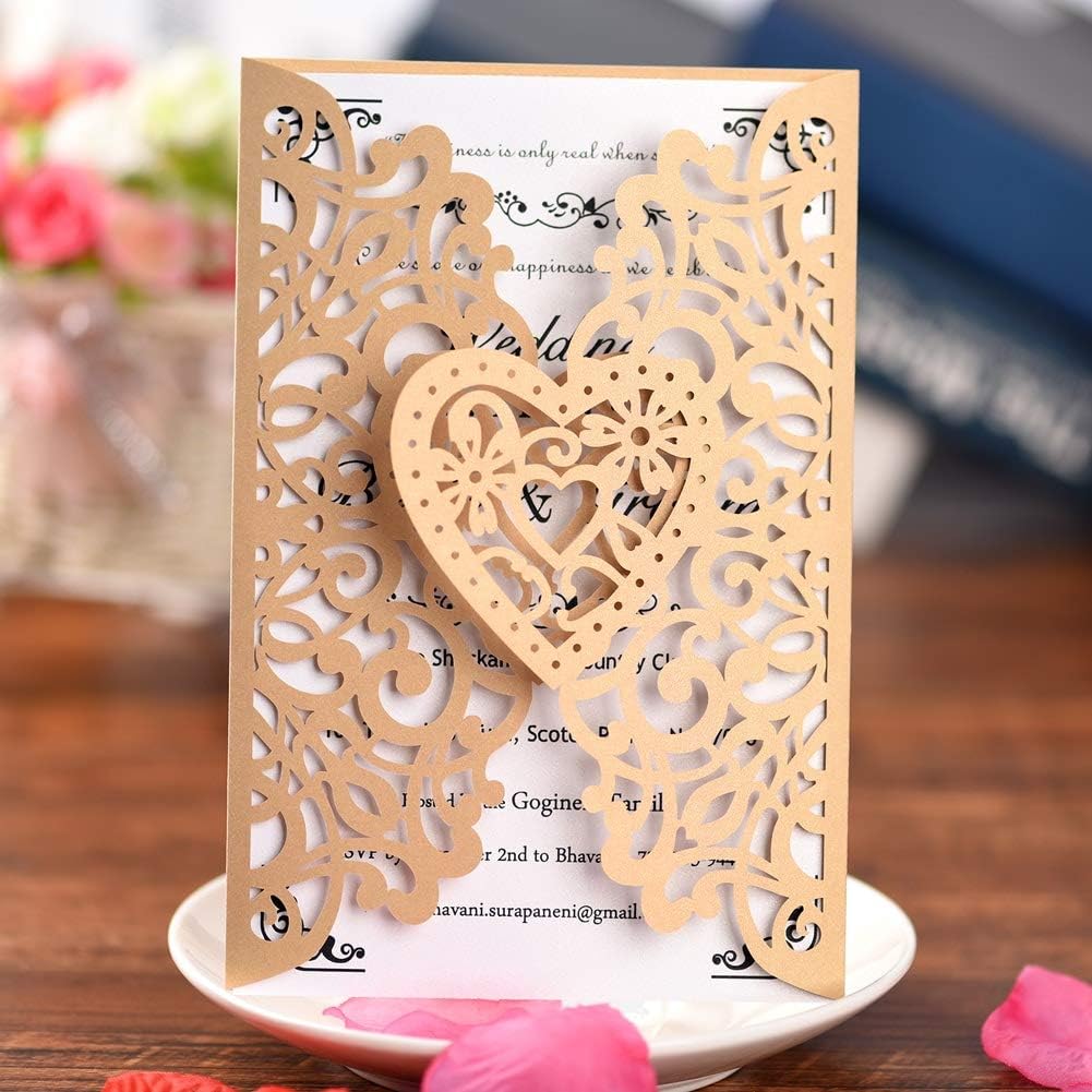 FOMTOR Gold Laser Cut Wedding Invitations Kits 50 Packs Laser Cut Wedding Invitations with Blank Printable Cards and Envelopes for Birthday Parties Baby Shower
