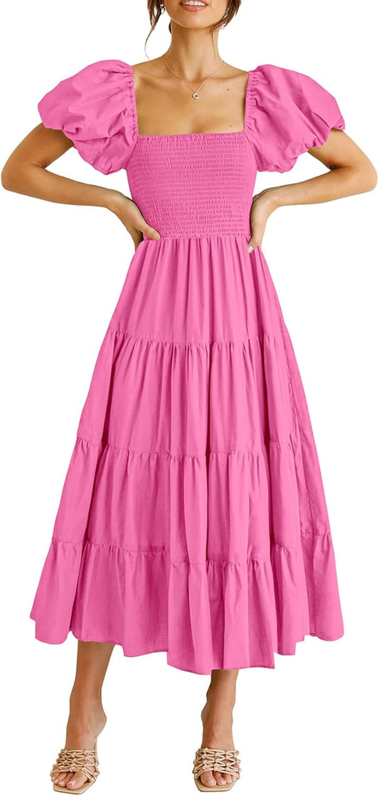 PRETTYGARDEN Women's Casual Summer Midi Dress Puffy Short Sleeve Square Neck Smocked Tiered Ruffle Dresses