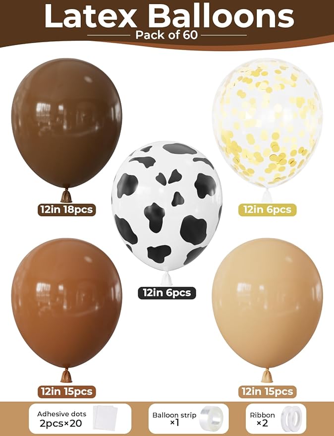 Brown Cow Print Balloons - 60Pcs Western Party Balloons, 12Inch Coffee Brown Beige Latex Balloons with Confetti for Cow Birthday, Baby Shower,Western Party, Farm Themed Cowboy Decor