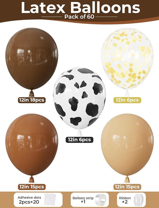 Brown Cow Print Balloons - 60Pcs Western Party Balloons, 12Inch Coffee Brown Beige Latex Balloons with Confetti for Cow Birthday, Baby Shower,Western Party, Farm Themed Cowboy Decor