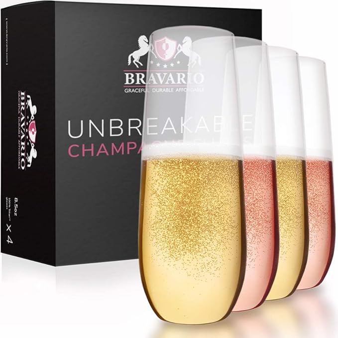 Unbreakable Stemless Plastic Champagne Flutes | Shatterproof 100% Tritan Plastic Glasses | Reusable | BPA-free | 8.5 oz, Set of 4