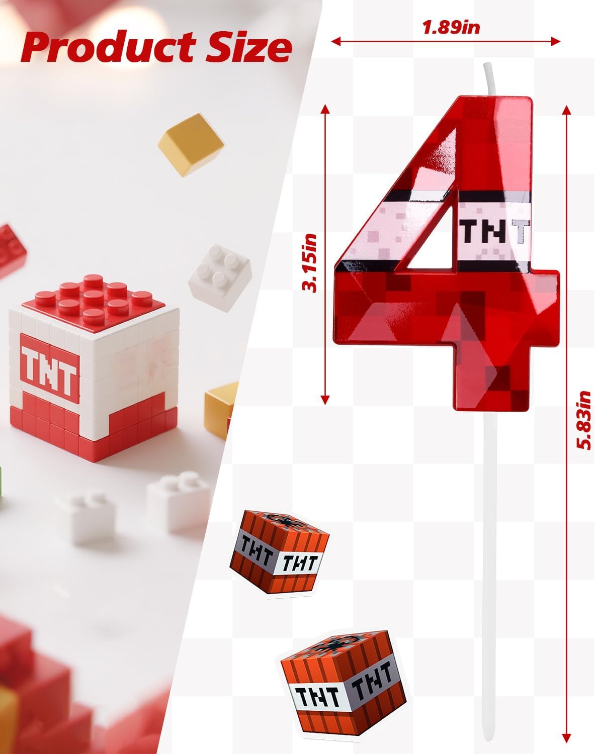 Pixel Birthday Candle, 2.68 Inch Miner Number Candles, Game Themed Candle Birthday Decoration for Pixel Theme Birthday Anniversary Dynamite Video Game Party (Red, 4)