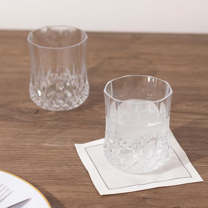Efavormart 6 Pack Clear Crystal Cut Plastic Stemless Wine Glasses, 8oz Shatterproof Reusable All-Purpose Whiskey Cups