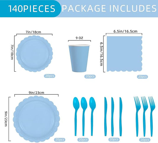 140 Pcs Light Blue Paper Plates and Napkins, Blue Party Supplies Include Light Blue Scalloped Plates Napkins Cups Plastic Spoons Forks Knives for Baby Shower,Wedding,Birthday