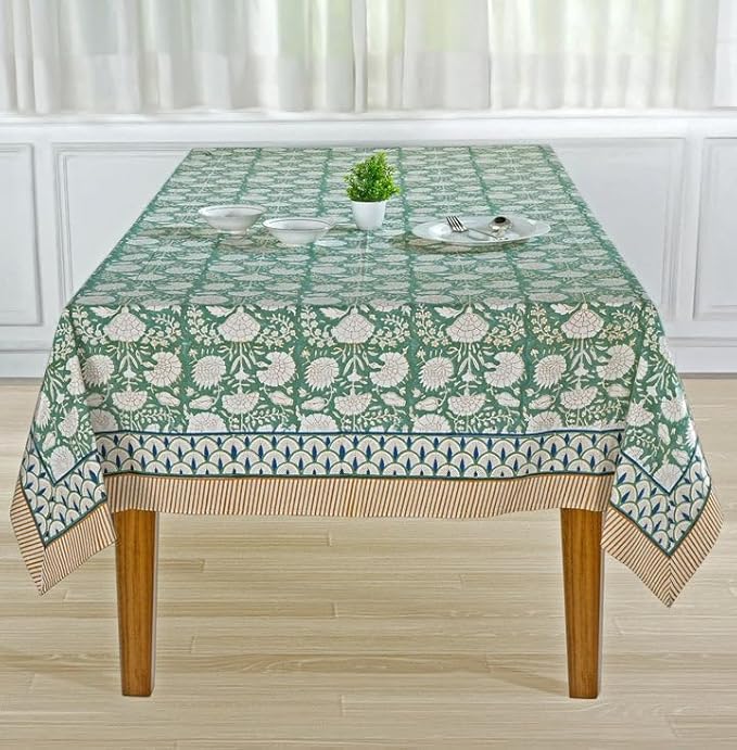Ridhi Hand Block Print Turquoise Moss Green Rectangle Cotton Tablecloth 118" x 70" Reusable Table Cover Decorative Everyday Use for Dining, Farmhouse, Home Gift for Spring, Easter, Valentine