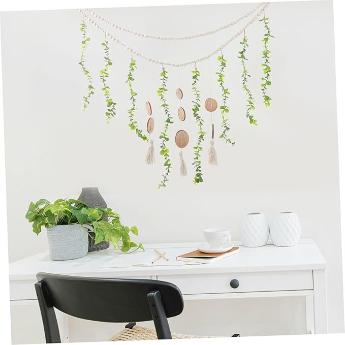 Boho Wooden Beads Garland for Photo Display Easy to Install Picture Holder Wall Decor for Bedroom and Living Room Rustic Macrame Hanging Decoration Natural Eucalyptus Leaves