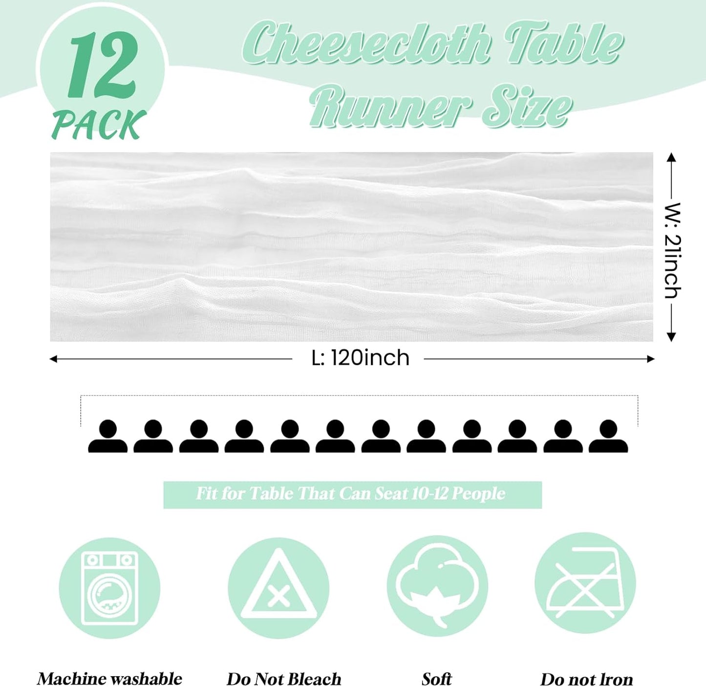 12 Pack White Table Runner 10FT Cheesecloth Table Runner 21 x 120 inch Boho Gauze Cheese Cloth Table Runners Rustic Sheer Table Runners for Party Wedding Bridal Baby Shower Birthday Table Decor