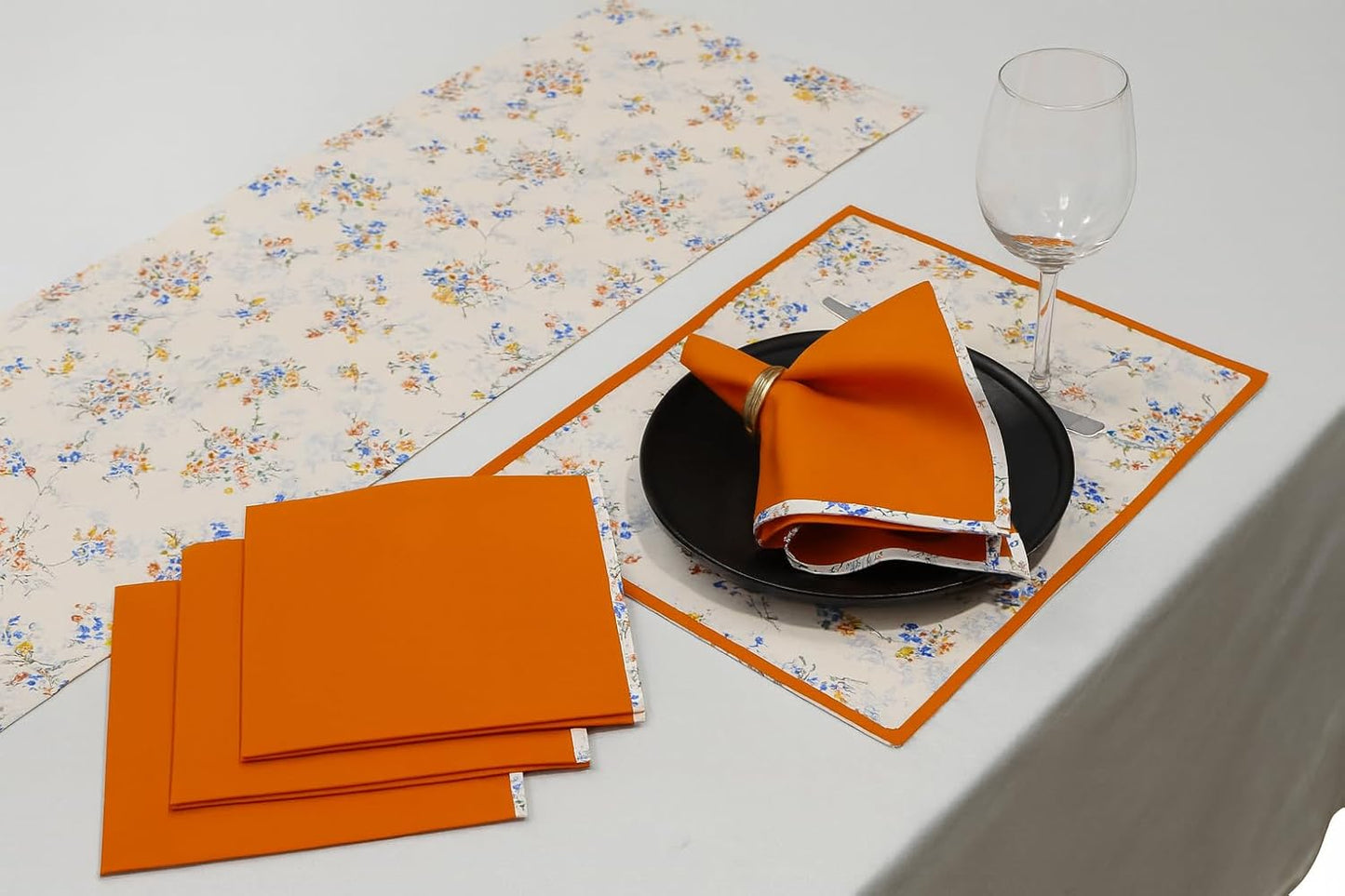 Indtresor Indian Heritage Fabric Cotton Table Linen Reversible Set Runner Napkins Mats in Orange White