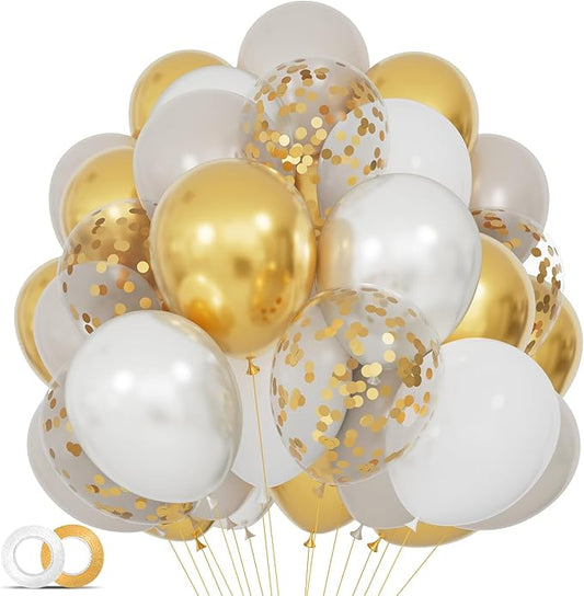 68Pcs Sand White Gold Confetti Balloons Kit 12 Inch Ballons Beige Pearl White Balloon Gold Party Balloons with Ribbons for Birthday Wedding engagement Baby Shower Graduation Decorations.