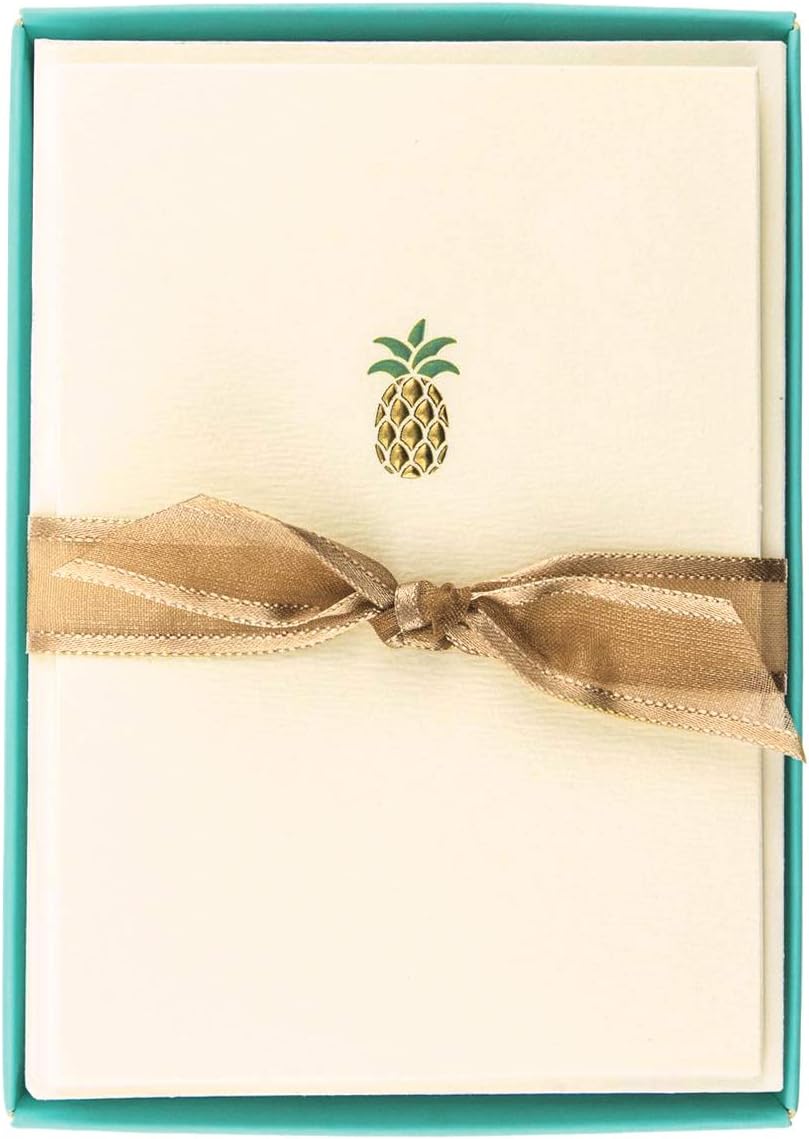 Graphique Pineapple La Petite Presse Boxed Notecards - 10 Embellished Gold Foil Pineapple Blank Cards with Matching Envelopes, 3.25" x 4.75"