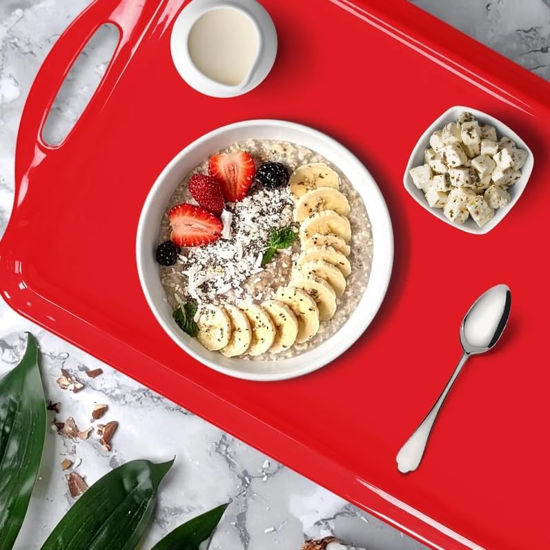 Red Christmas Serving Tray with Handles, 19''x11.6'' Extra Large Red，Melamine Platters Set of 2, Rectangular Trays for Serving Food, Turkey, Cookie, Cupcakes, Desserts, Dishwasher Safe, BPA-Free