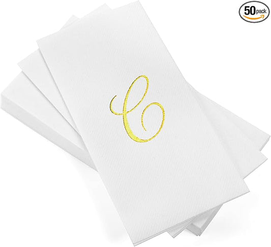 AMERICAN HOMESTEAD Disposable Hand Towels - Gold Foil Monogrammed Guest Napkins - Linen-Like Bathroom Paper Towels for Guests - Perfect Wedding and Party Napkins - 50 Count (Gold C)