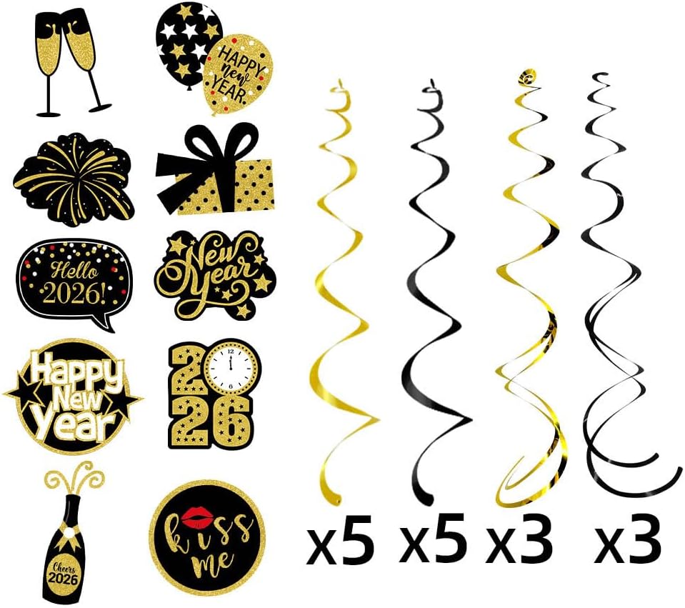 Happy New-Year’s Eve Party-Decoration Banner Garland - 16pcs Black Gold 2026 Swirl Streamers Banner, Nye Kids Hanging Supplies Decor Lasting Surprise