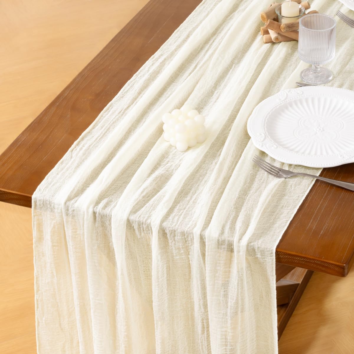 Socomi Ivory White Cheesecloth Table Runner Fall Thanksgiving Gauze 120 Inch Rustic Boho Cheese Cloth Runner for Wedding Party Baby Bridal Shower Centerpiece Decoration Holiday Home Decorations